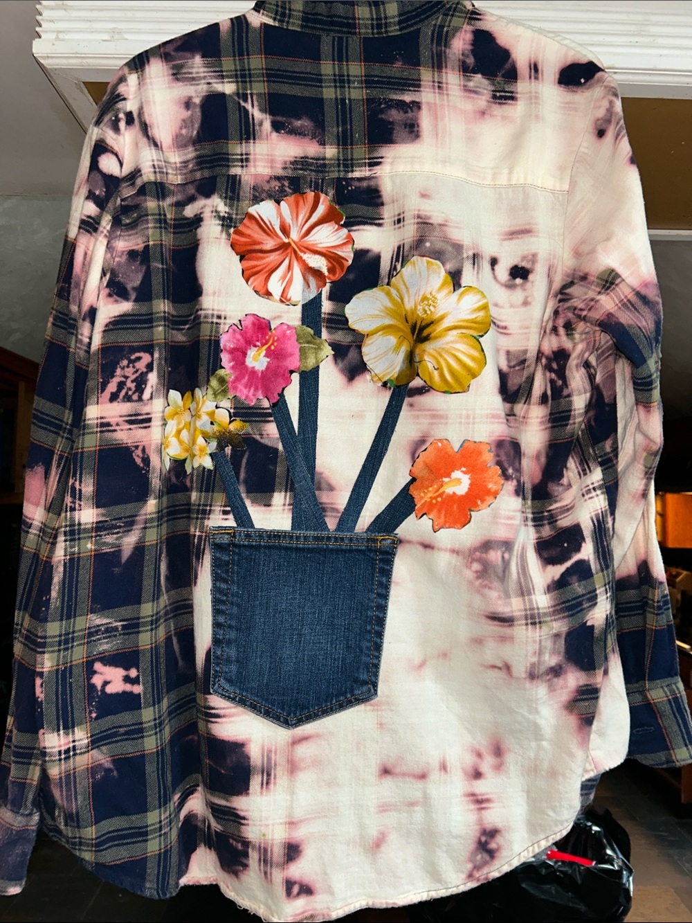 Club Room Navy Plaid Shirt with Pink Tie-Dye Accents